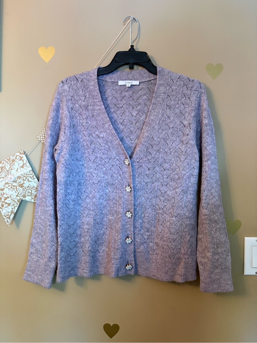 Cleo Purple Gray Knit Cardigan Pearl Flower Buttons Medium - Picture 2 of 11
